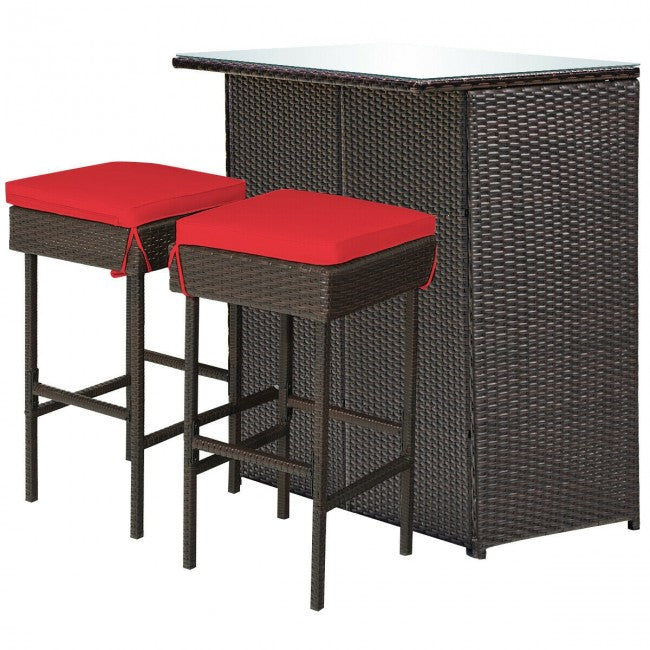 3 Pieces Outdoor Rattan Dining Set Patio Wicker Bar Set with Stools and Table