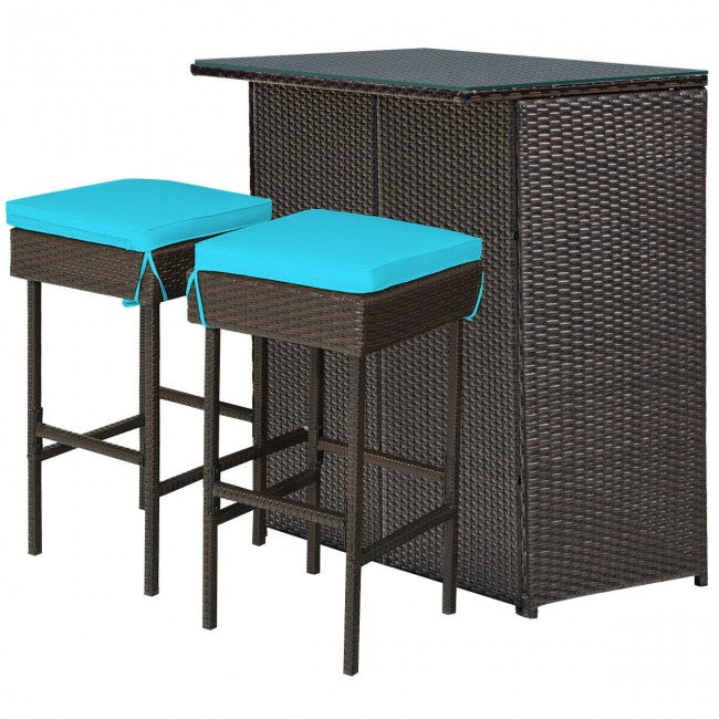 3 Pieces Outdoor Rattan Dining Set Patio Wicker Bar Set with Stools and Table