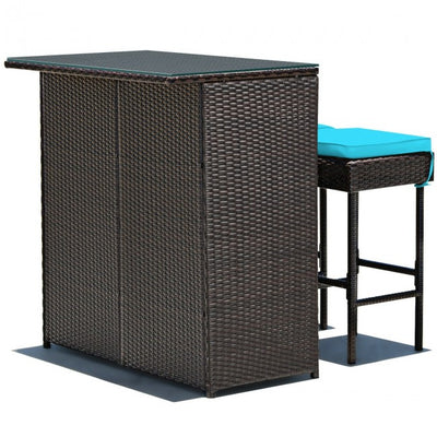 3 Pieces Outdoor Rattan Dining Set Patio Wicker Bar Set with Stools and Table