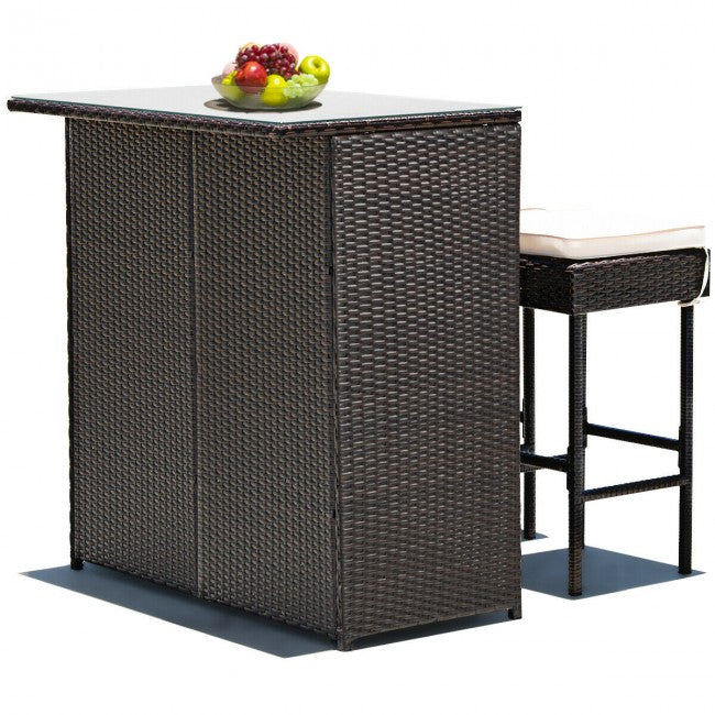 3 Pieces Outdoor Rattan Dining Set Patio Wicker Bar Set with Stools and Table