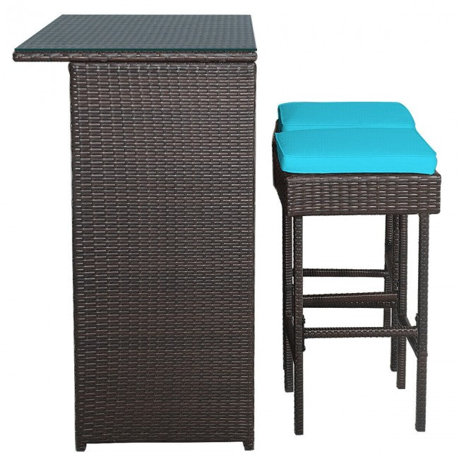 3 Pieces Outdoor Rattan Dining Set Patio Wicker Bar Set with Stools and Table