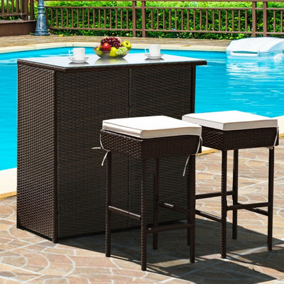 3 Pieces Outdoor Rattan Dining Set Patio Wicker Bar Set with Stools and Table