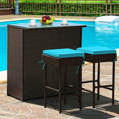 3 Pieces Outdoor Rattan Dining Set Patio Wicker Bar Set with Stools and Table