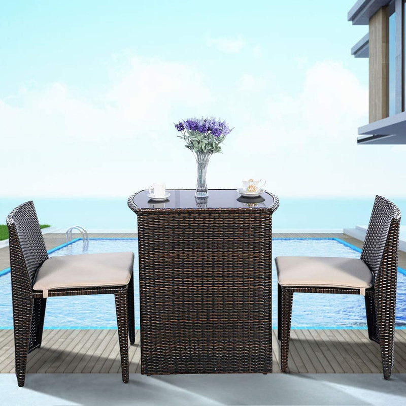 3 Pieces Outdoor Wicker Conversation Bistro Set Patio Rattan Dining sets with Cushion