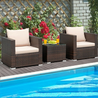 3 Pieces Patio Rattan Furniture Set Conversation Sofa Set with Cushion