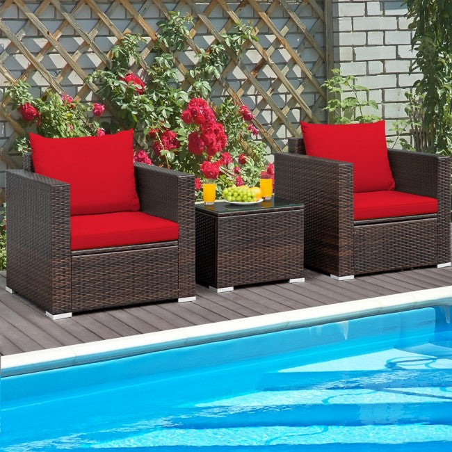 3 Pieces Patio Rattan Furniture Set Conversation Sofa Set with Cushion