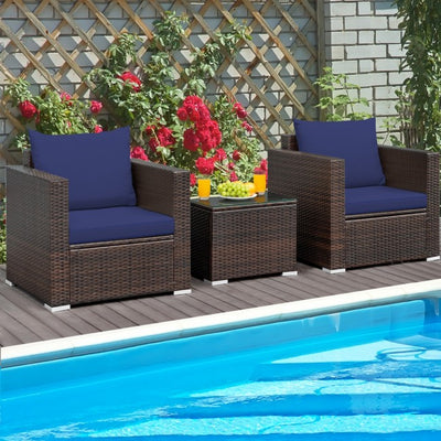 3 Pieces Patio Rattan Furniture Set Conversation Sofa Set with Cushion