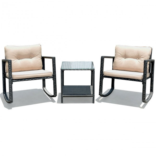 3 Pieces Patio Rocking Chair Outdoor Wicker Conversation Bistro Set  with Coffee Table