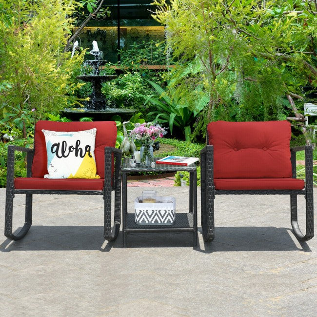 3 Pieces Patio Rocking Chair Outdoor Wicker Conversation Bistro Set  with Coffee Table