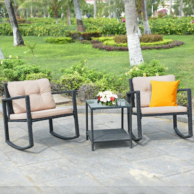 3 Pieces Patio Rocking Chair Outdoor Wicker Conversation Bistro Set  with Coffee Table