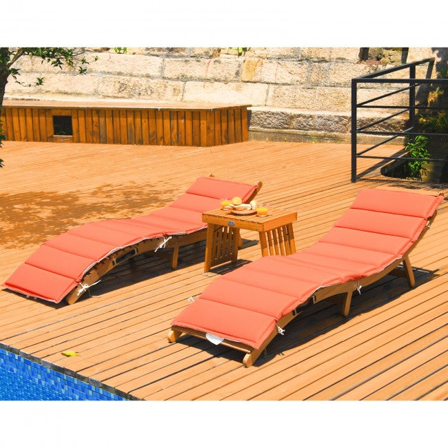 3 Pieces Outdoor Wooden Folding Chaise Lounge Chair with Side Table and Cushion