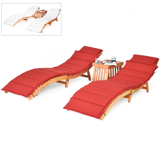 3 Pieces Outdoor Wooden Folding Chaise Lounge Chair with Side Table and Cushion