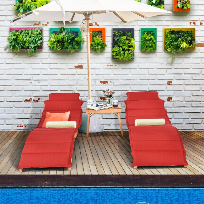 3 Pieces Outdoor Wooden Folding Chaise Lounge Chair with Side Table and Cushion