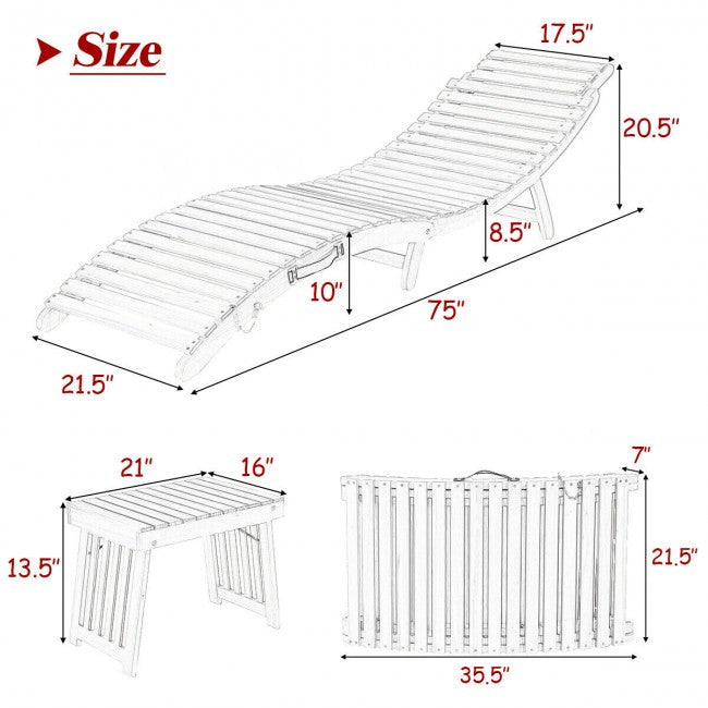3 Pieces Outdoor Wooden Folding Chaise Lounge Chair with Side Table and Cushion