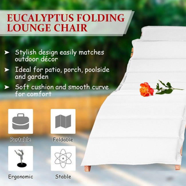 3 Pieces Outdoor Wooden Folding Chaise Lounge Chair with Side Table and Cushion