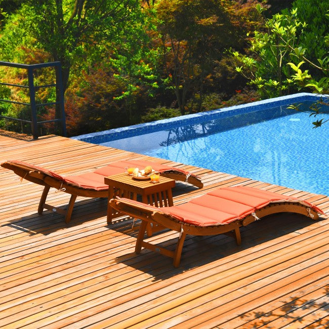 3 Pieces Outdoor Wooden Folding Chaise Lounge Chair with Side Table and Cushion