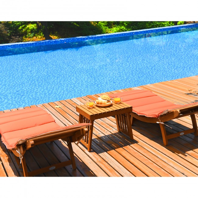 3 Pieces Outdoor Wooden Folding Chaise Lounge Chair with Side Table and Cushion