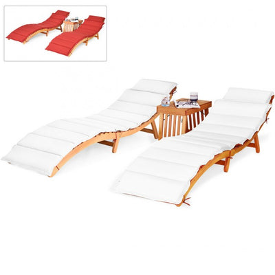 3 Pieces Outdoor Wooden Folding Chaise Lounge Chair with Side Table and Cushion
