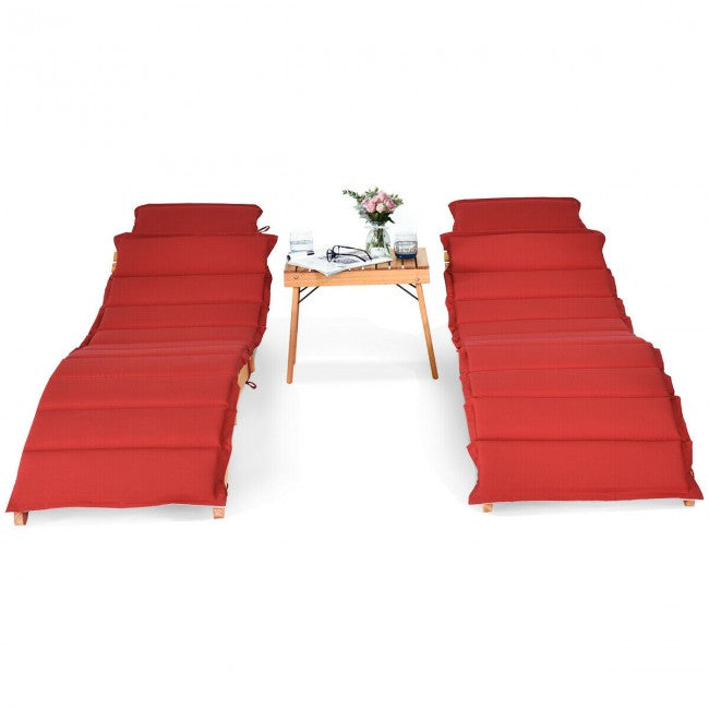 3 Pieces Outdoor Wooden Folding Chaise Lounge Chair with Side Table and Cushion