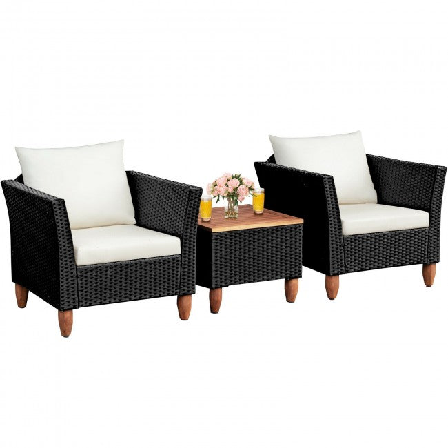 3 Pieces Outdoor Wicker Furniture Set Patio Conversation Sofa Set with Cushion and Table