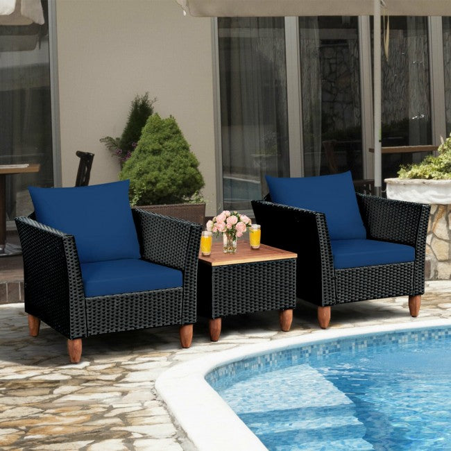 3 Pieces Outdoor Wicker Furniture Set Patio Conversation Sofa Set with Cushion and Table