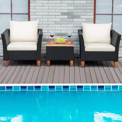 3 Pieces Outdoor Wicker Furniture Set Patio Conversation Sofa Set with Cushion and Table