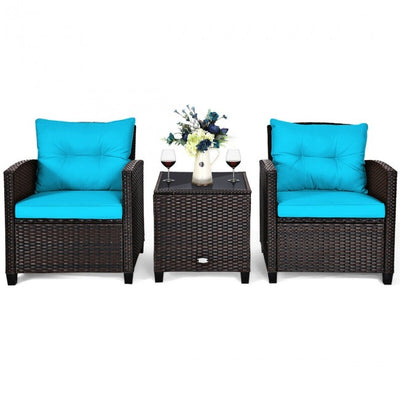 3 Pieces Rattan Patio Furniture Set Outdoor Conversation Bistro Set with Cushion and Coffee Table