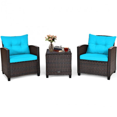 3 Pieces Rattan Patio Furniture Set Outdoor Conversation Bistro Set with Cushion and Coffee Table