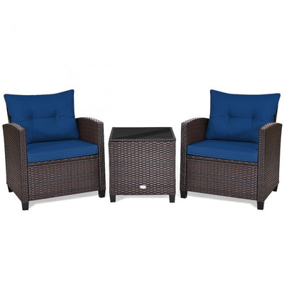 3 Pieces Rattan Patio Furniture Set Outdoor Conversation Bistro Set with Cushion and Coffee Table