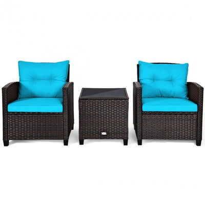 3 Pieces Rattan Patio Furniture Set Outdoor Conversation Bistro Set with Cushion and Coffee Table