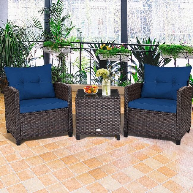 3 Pieces Rattan Patio Furniture Set Outdoor Conversation Bistro Set with Cushion and Coffee Table