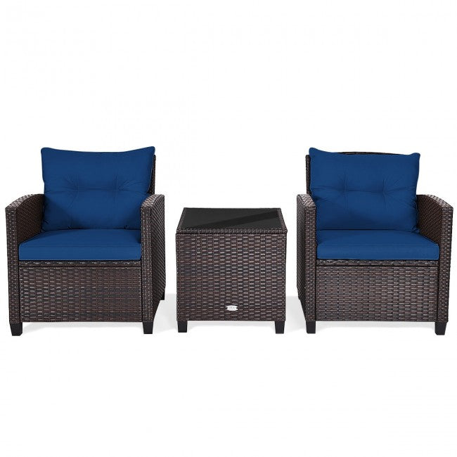 3 Pieces Rattan Patio Furniture Set Outdoor Conversation Bistro Set with Cushion and Coffee Table