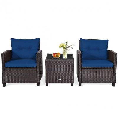 3 Pieces Rattan Patio Furniture Set Outdoor Conversation Bistro Set with Cushion and Coffee Table