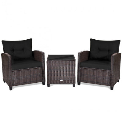 3 Pieces Rattan Patio Furniture Set Outdoor Conversation Bistro Set with Cushion and Coffee Table