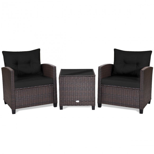 3 Pieces Rattan Patio Furniture Set Outdoor Conversation Bistro Set with Cushion and Coffee Table