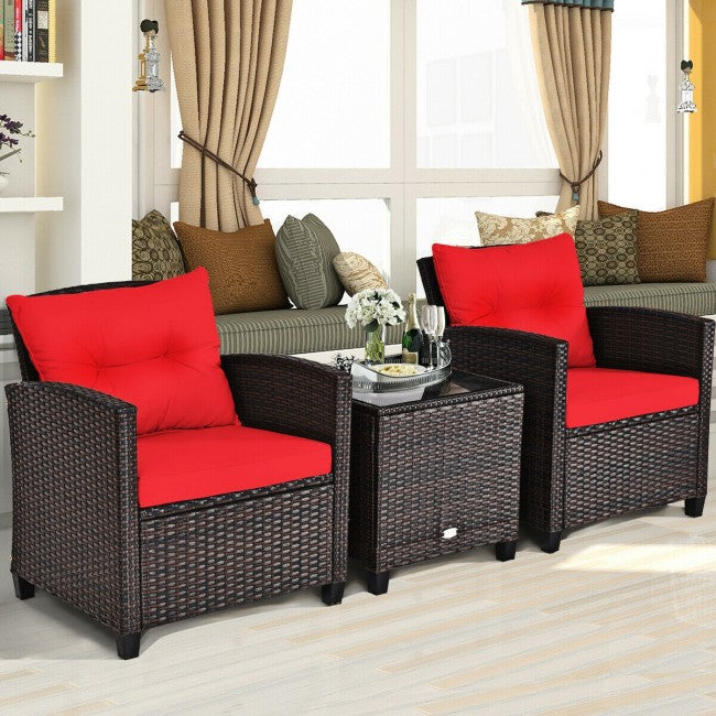 3 Pieces Rattan Patio Furniture Set Outdoor Conversation Bistro Set with Cushion and Coffee Table