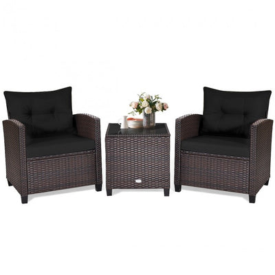 3 Pieces Rattan Patio Furniture Set Outdoor Conversation Bistro Set with Cushion and Coffee Table