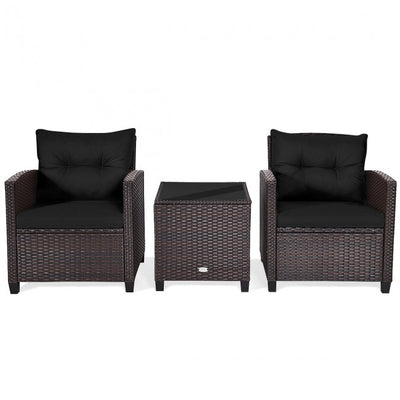 3 Pieces Rattan Patio Furniture Set Outdoor Conversation Bistro Set with Cushion and Coffee Table