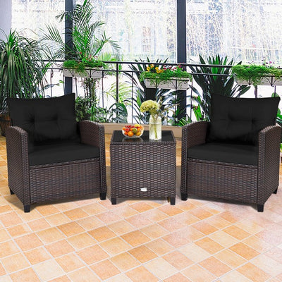 3 Pieces Rattan Patio Furniture Set Outdoor Conversation Bistro Set with Cushion and Coffee Table