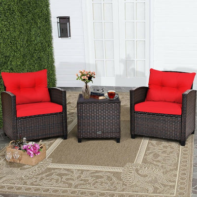 3 Pieces Rattan Patio Furniture Set Outdoor Conversation Bistro Set with Cushion and Coffee Table