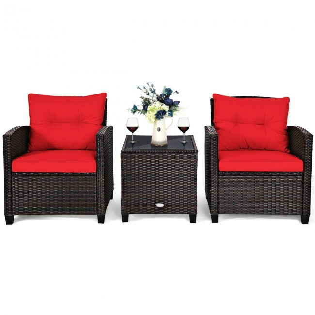 3 Pieces Rattan Patio Furniture Set Outdoor Conversation Bistro Set with Cushion and Coffee Table