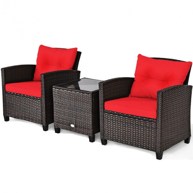 3 Pieces Rattan Patio Furniture Set Outdoor Conversation Bistro Set with Cushion and Coffee Table