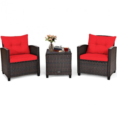 3 Pieces Rattan Patio Furniture Set Outdoor Conversation Bistro Set with Cushion and Coffee Table