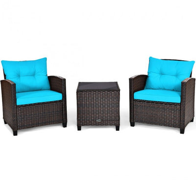 3 Pieces Rattan Patio Furniture Set Outdoor Conversation Bistro Set with Cushion and Coffee Table