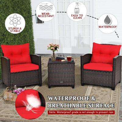 3 Pieces Rattan Patio Furniture Set Outdoor Conversation Bistro Set with Cushion and Coffee Table