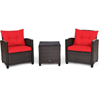 3 Pieces Rattan Patio Furniture Set Outdoor Conversation Bistro Set with Cushion and Coffee Table