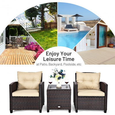 3 Pieces Rattan Patio Furniture Set Outdoor Conversation Bistro Set with Cushion and Coffee Table