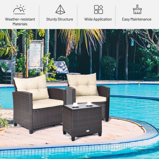 3 Pieces Rattan Patio Furniture Set Outdoor Conversation Bistro Set with Cushion and Coffee Table