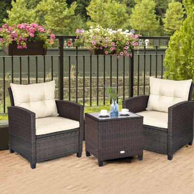 3 Pieces Rattan Patio Furniture Set Outdoor Conversation Bistro Set with Cushion and Coffee Table