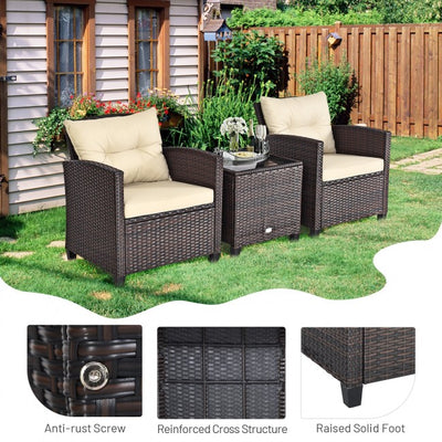 3 Pieces Rattan Patio Furniture Set Outdoor Conversation Bistro Set with Cushion and Coffee Table